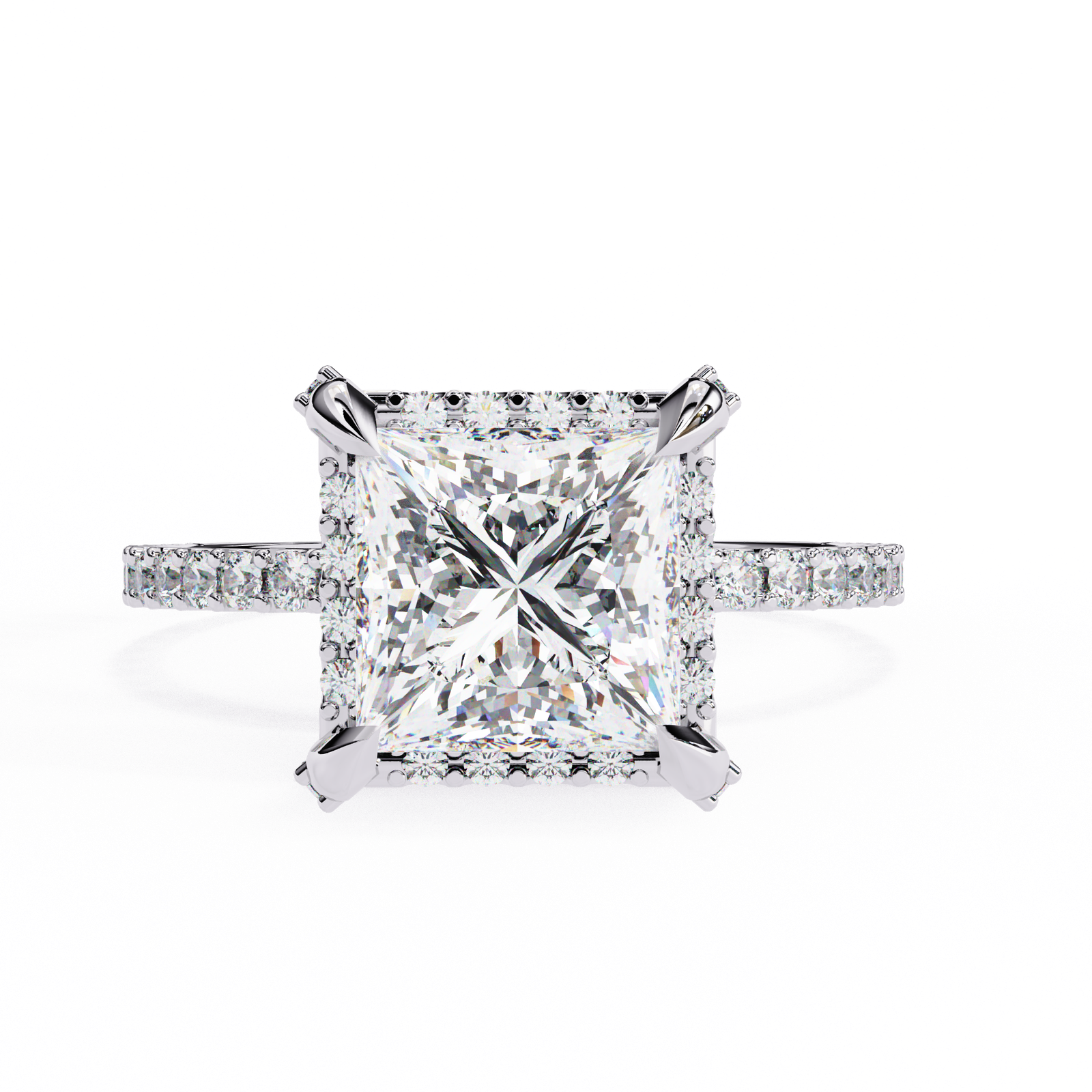 Princess-Cut Diamond Engagement Ring with Prong Setting and Pave Band